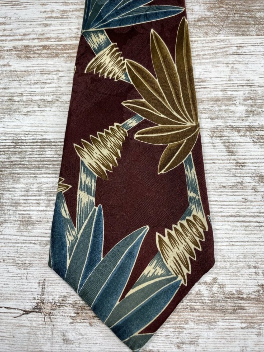 Vintage Norseman Silk Tie Tropical Leaf Burgundy Teal Abstract 58x3.75 USA